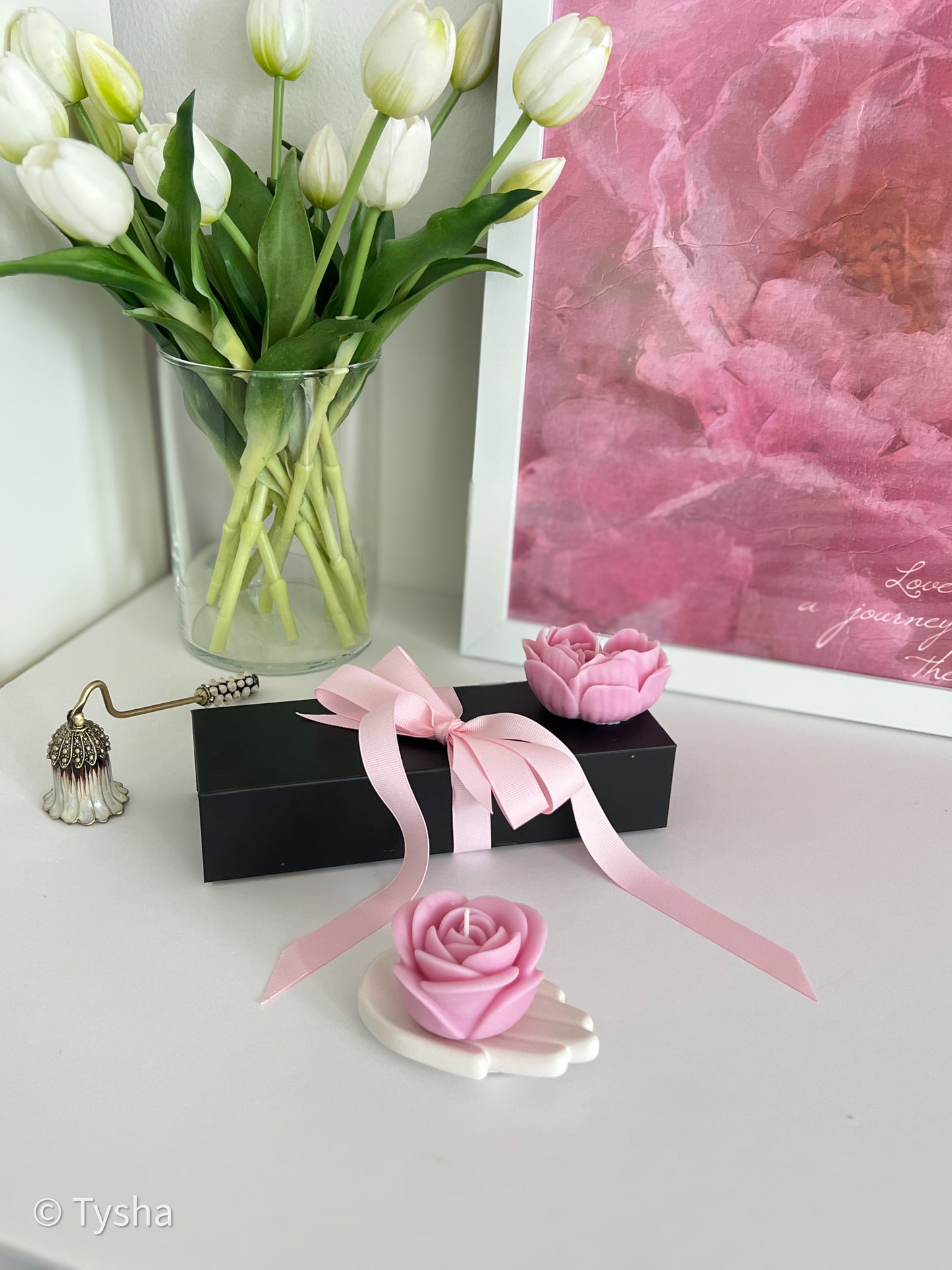 Pink Set of 2 Flowers Candles + stand